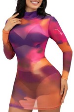 MSVLDR Sexy Long Sleeve Mini Dress for Women Sheer Mesh X-Large, Purple