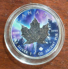 1oz SILVER ROUND: 2022 POLAR LIGHTS COLORIZED CANADA SILVER MAPLE (1120)