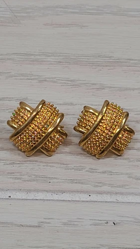 Vintage Gold Tone Textured X Clip on Earrings Costume Jewelry
