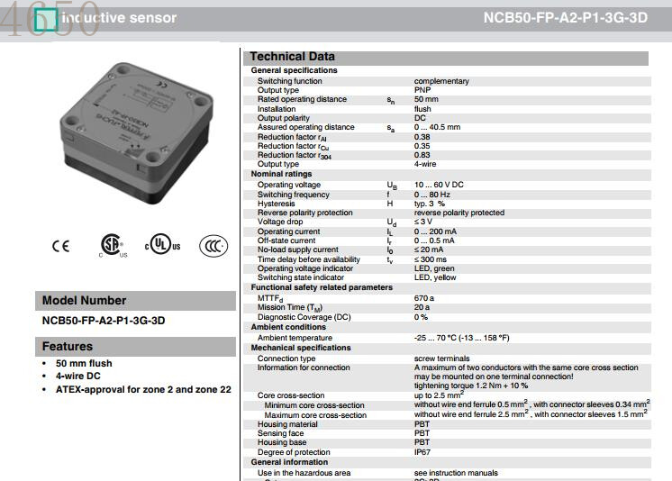 Capteur De Proximité Pepperl+Fuchs NCB50-FP-A2-P1 Neuf - Détecteur Inductif