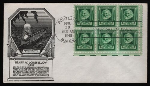 #864 1c Henry Longfellow-Block of 6, Anderson Add H/C **ANY 5=FREE SHIPPING** - Picture 1 of 1