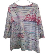 Chico's Blouse Women 2 (M) Multicolor Paisley Bohemian 3/4 Sleeve Scoop V Neck