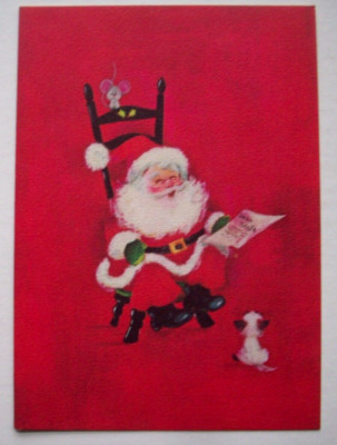 Santa w letter ki tten & mouse vintage Christmas Greeting Card *HH23