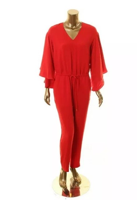 red jumpsuit with bell sleeves