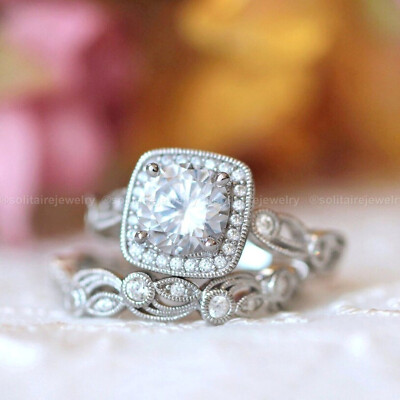 2.50 CT Round Cut Moissanite Bridal Set Engagement Ring 14K White Gold Size 8.5