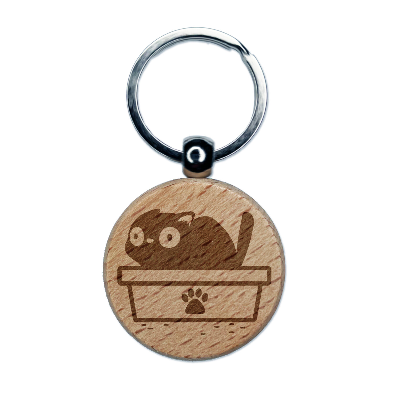 Cat Pooping Litter Box Funny Engraved Wood Round Keychain Tag Charm