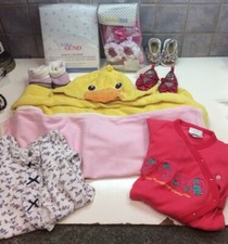 Baby Girl Lot Of 9-Sleepers,Blankets, Shoes,Hooded Towel,crib Sheets-SZ 3 Months