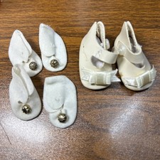 3 Pair Small Doll Shoes white1 pr 1.6" Mary Jane w bow 2 pr 1" soft boot READ