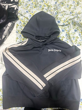 Palm Angels Men  s Gray Hooded Pullover Hoodie S Logo Stripe Sleeve Jersey