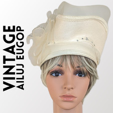 VTG 50s Fascinator Hat MCM Ivory Upsweep Woven Rhinestone Pearl By Ailuj Eugop