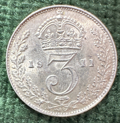 1911 England Great Britain 3-Pence Brilliant Uncirculated KM-813 Free Shipping