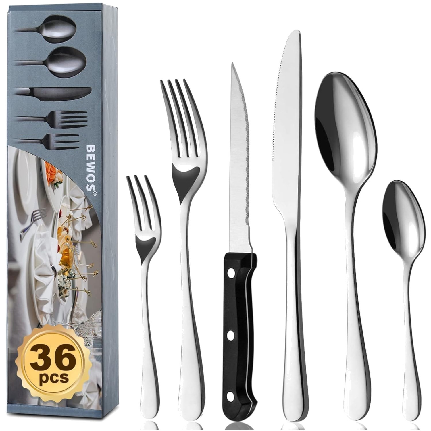 Besteckset, 36-teilig, Edelstahl, Service für 6, spülmaschinenfest, Hochglanz