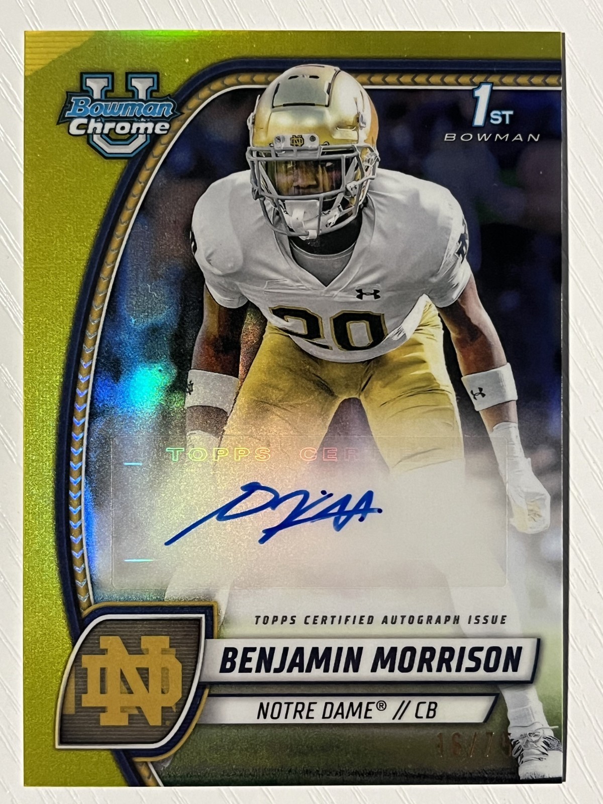 Benjamin Morrison 2024 Bowman University Chrome Yellow Refractor Auto 16/75