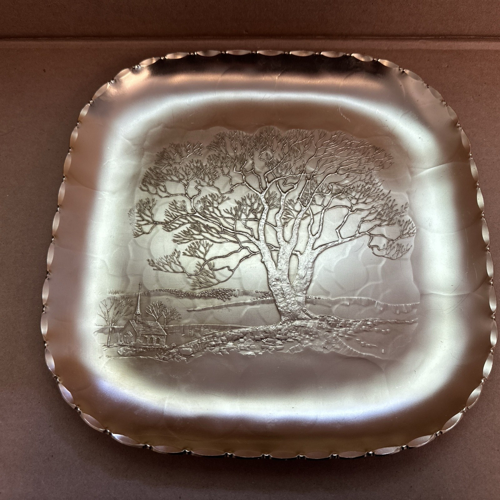Arthur Armour Hammered Aluminum Gold Tray Tree Church Scene 11-5/8" x 11-5/8"