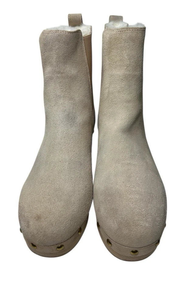 J. Crew Bronzed Clay Suede Chelsea Clog Boots DB336 Faux Fur Lined Size 8.5 - Image 3 of 4