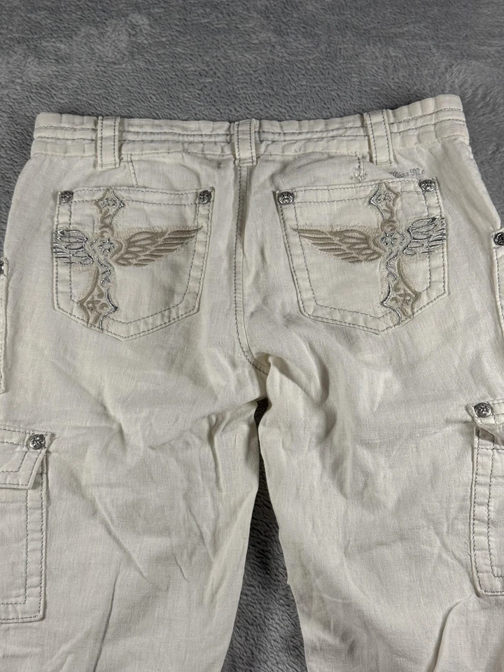 Miss Me Pants Womens 29 Cargo Capri White Linen Blend Embroidered Rhinestone Y2K - Image 4 of 4