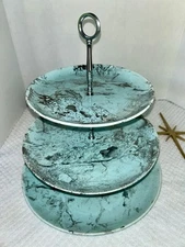 Blue Mist Santa Anita Ware California Ceramic 3 Tier TID Bit Tray Vtg 1960’s 