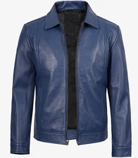 Mens Classic Blue Leather Moto Jacket, Urban Cut with Shirt Collar