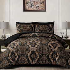 WONGS BEDDING Black Comforter Set Queen Size, Gold Damask Texture 7 Pieces Bed i