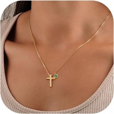 Cross Birthstone Gold Necklace for Women Teen Girls - 14K Gold Plated