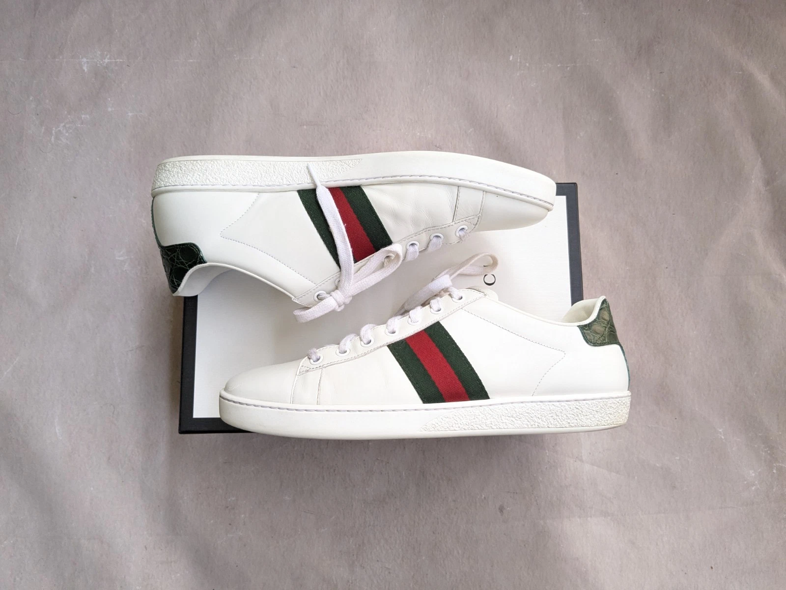 Baskets Gucci Ace hommes US 7 chaussures en cuir blanc basses Italie 387993