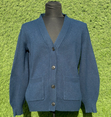 Iris von Arnim 100% Cashmere Cardigan Sweater Rib Trim Balloon Sleeve Size M