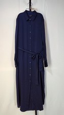 Quince Women Washable Stretch Silk Maxi Shirt Dress Basic Sleeved Blue L