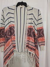 Altard State Boho Open Front Cardigan Fringe Hem Striped Sweater Womens S