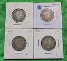 Barber Quarters, 1896, 1899, 1907, 1908-D, ($1.00 face) 90% Silver Coins