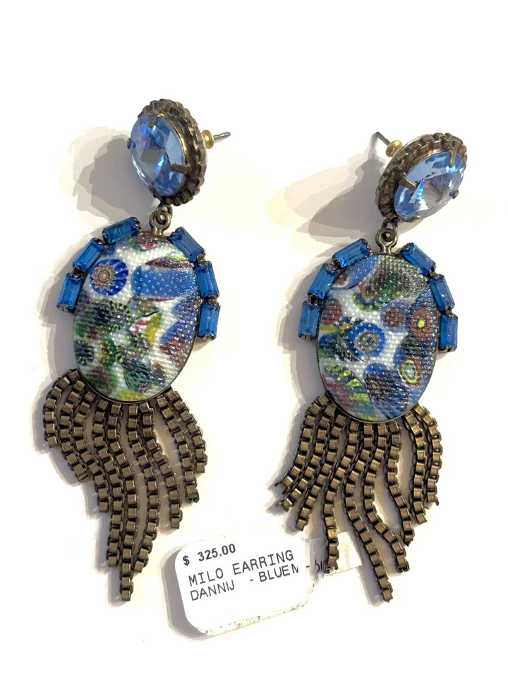 Authentic Dannijo MILO Earrings Blue Calypso Collab Statement Mosaic Fringe $325 - Image 3 of 4