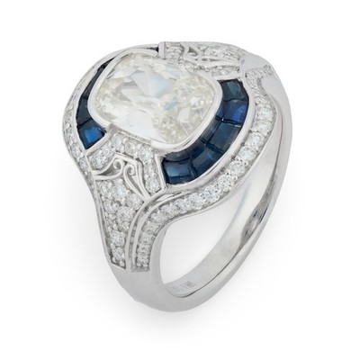 GIA 1,51 Karat Old Mine Cut Diamant Saphir 18k Weißgold Ring