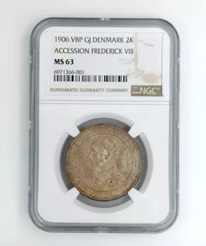 1906 VBP GJ Denmark 2 KRONER Frederik VIII Death of Christian IX NGC MS-63