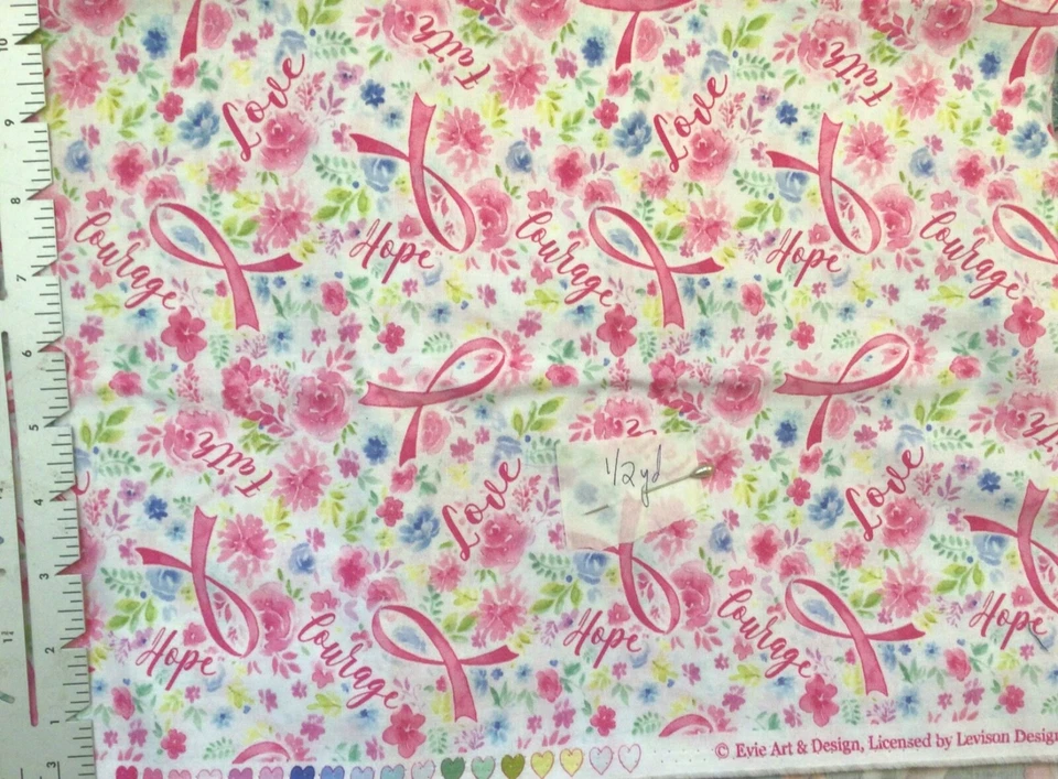 Timeless Treasures Pink Ribbon Breast Cancer Evie Arts Cotton Fabric Half Yard - Image 2 of 2