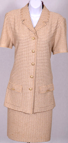 St. John Damen Tweed creme braun gold metallic Schimmer Trim Jacke Rock Gr. 14-16