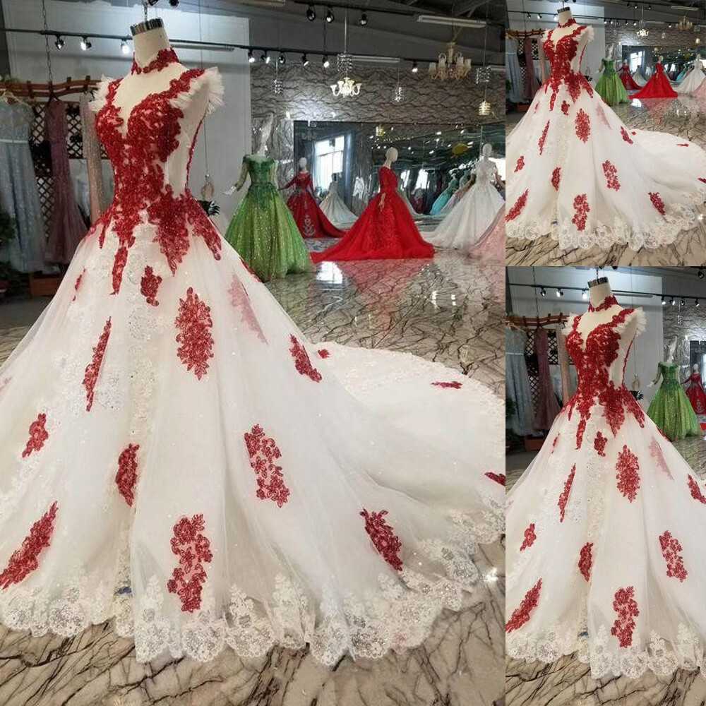 cheap red and white wedding dresses Red and White Wedding Dresses High Neck Cap Sleeves Lace Applique Bridal  Gowns