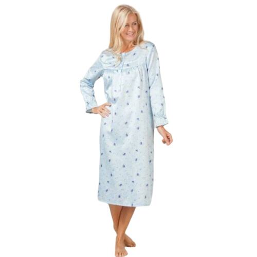 KayAnna Brushed Back Long Sleeve Satin Nightgown BLUE Rose Small #B1143/7 NEW
