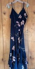 LUMIERE NWT Navy Blue Wrap Dress Satin SZ M Flowers Floral Midi Straps Part Prom