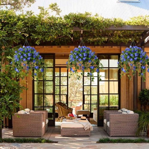 Vibrant Blue Artificial Petunia Hanging Flowers in Coconut Lining Basket - Picture 5 of 7