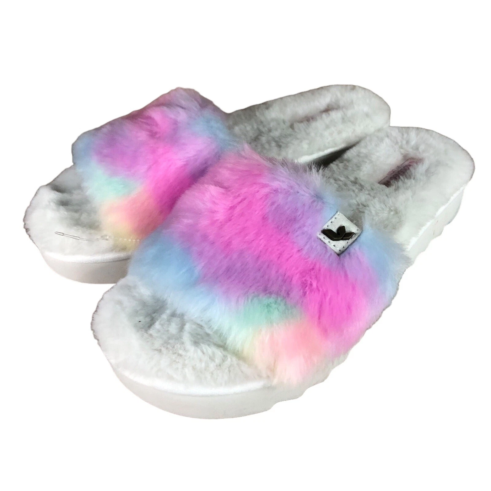 NUOVO sandalo Koolaburra UGG donna 9 fuzz ah slide pastello astratto cravatta arcobaleno