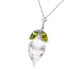 14K. GOLD NECKLACE WITH PERIDOTS & POINTY BRIOLETTE DROP WHITE TOPAZ