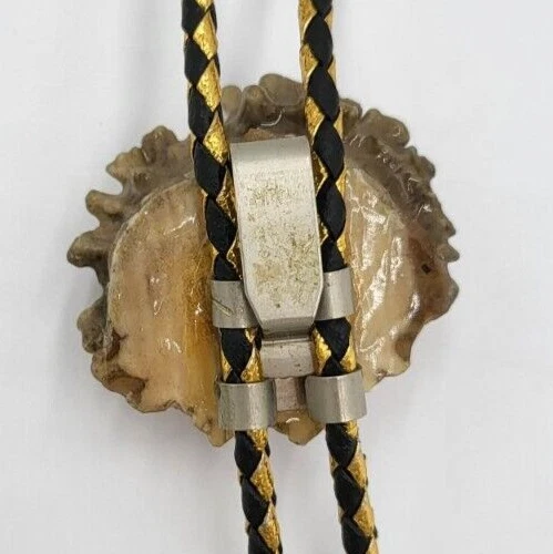 Vintage BOLO TIE BEADED WOOD ROUND Red/White/Black- Gold/Black Cord, wood tips - Image 4 of 4