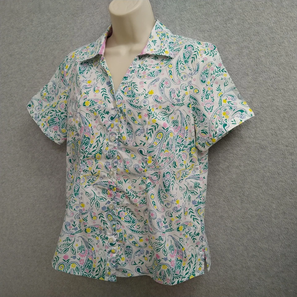 Camisa Top Blusa Laura Scott Botón Mujer Pequeña Blanca Verde Manga Corta Informal Foto 4 de 4