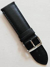 26mm - Black Leather Watchband - Stainless Steel Silver Buckle / Pins Included 