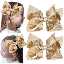 2 PCS 6 Inches Gold Sequins Large Bows Alligator Hair Clip Hair Barrettes Acc...