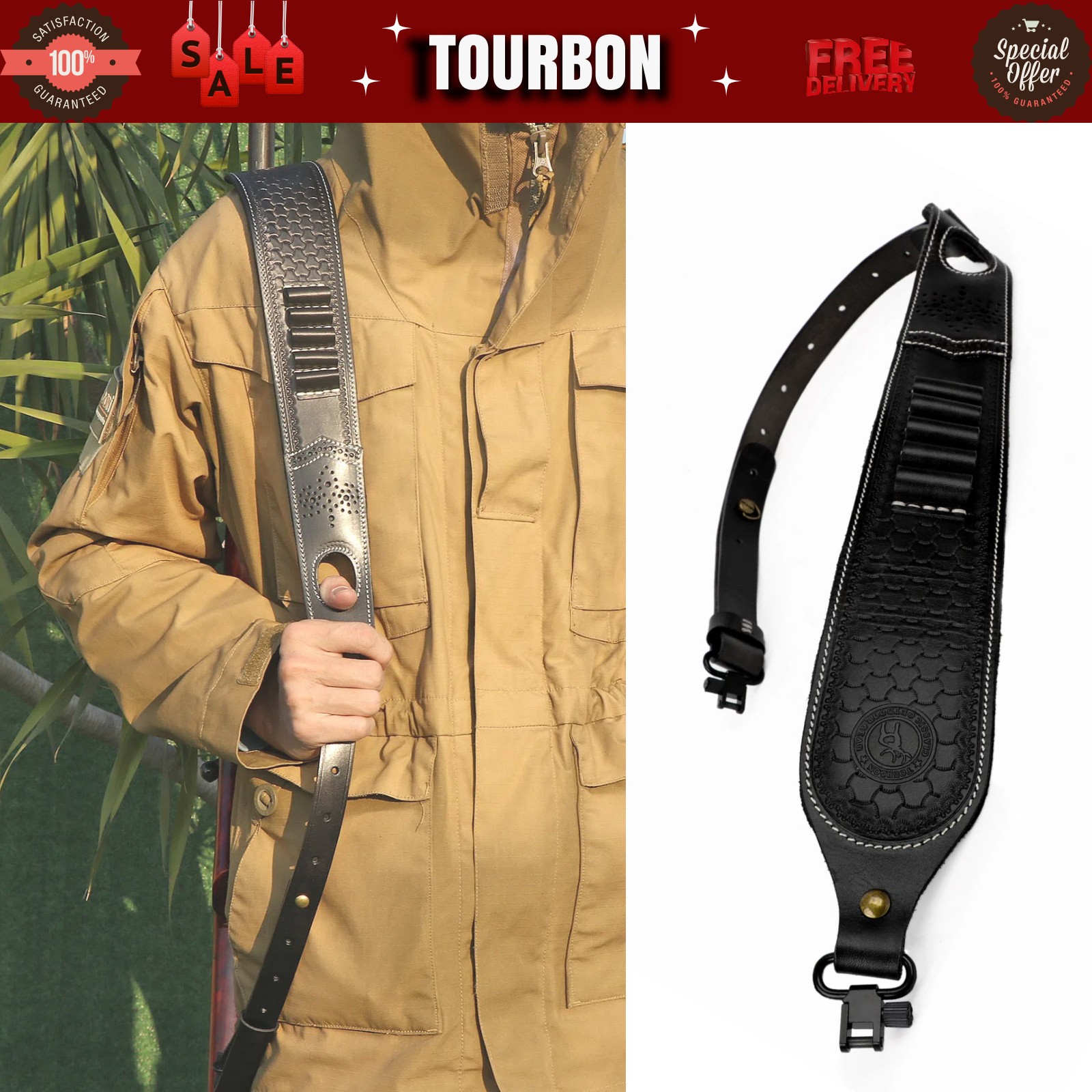 TOURBON Leather Rifle Sling Ammo Holder Hand Rest Gun Strap+Mounted Swivels Set