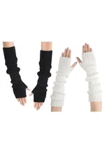 Clothirily Arm Warmers, Women's Winter Long Fingerless Gloves Knit Black, White