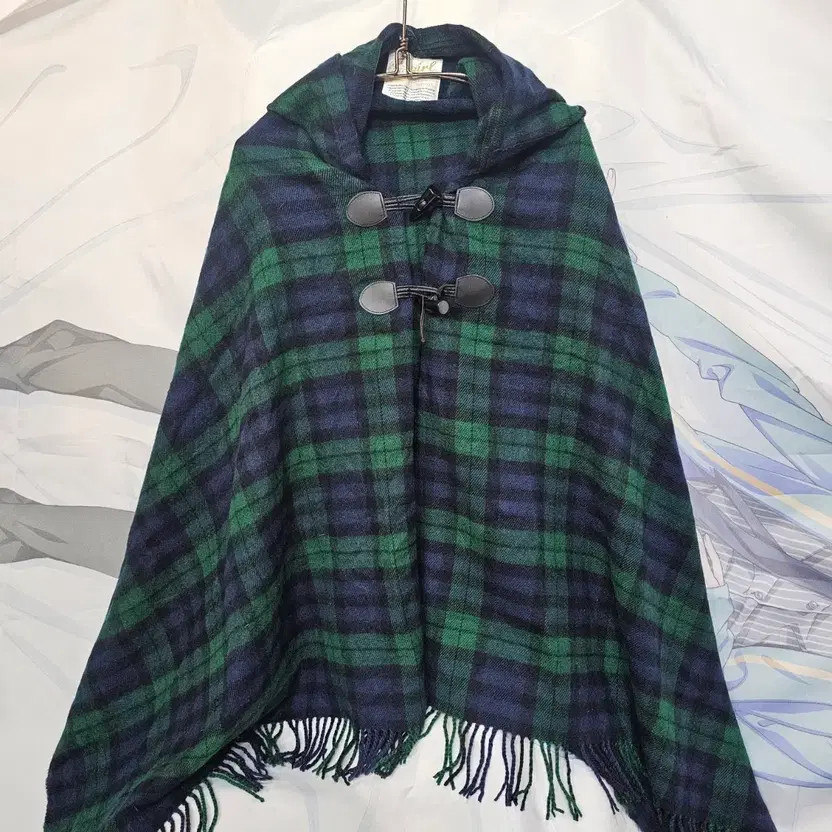 Checked Pattern Hoodie Cape with Toggle Buttons a… - image 2