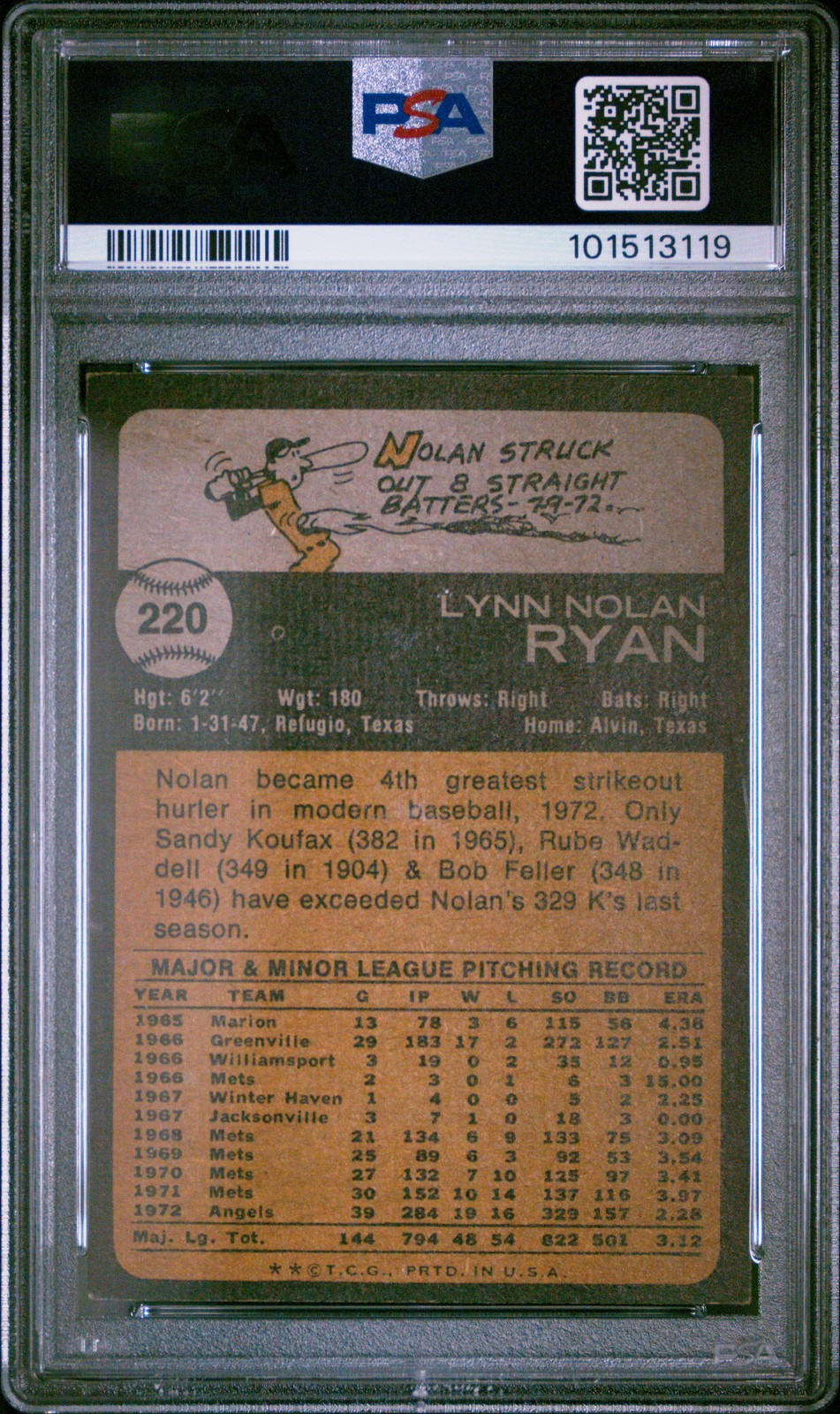 Vintage (HOF) 1973 Topps #220 Nolan Ryan PSA 7 view 2