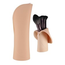 Travel Makeup Brush Holder Silicone Small Case Portable Standup Zipper Khaki