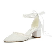Comfortable Low Block Heel Wedding Shoes for Bride Pearl Heels Closed Toe...